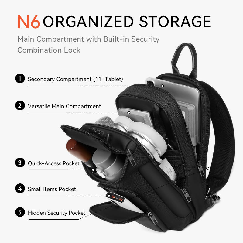 N6 Recycled Nylon Crossbody Bag – Anti-Theft Design, 3-Layer Storage, Fits 11-inch Tablet